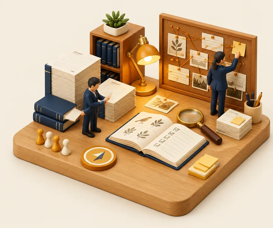 A miniature research corner laid out like a board game: stacks of papers, a field guide and a decision marker.